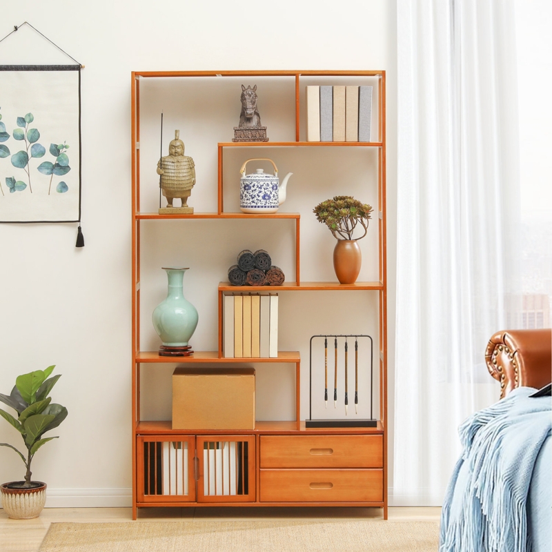 Bamboo 5 Tiers Bookcase, Vintage Staggered Shelf Storage Organizer for Home