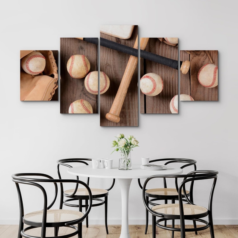 Baseball Bat, Ball & Mitt Sport Room Decor Modern Picture Extra Large Canvas 5 Piece Print Wall Art