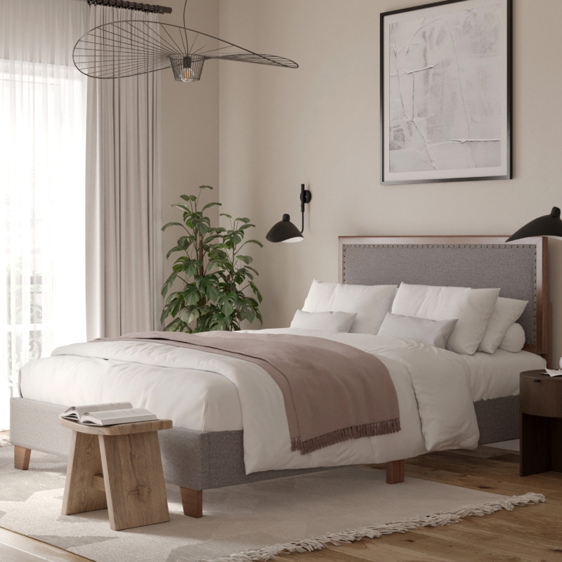 Beyers Queen Solid Wood and Upholstered Platform Bed Frame, Miltered Corners, No Box Spring Needed