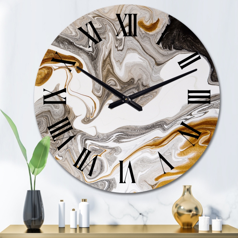 Black and White Liquid Marble Waves Iii - Modern Wall Clock