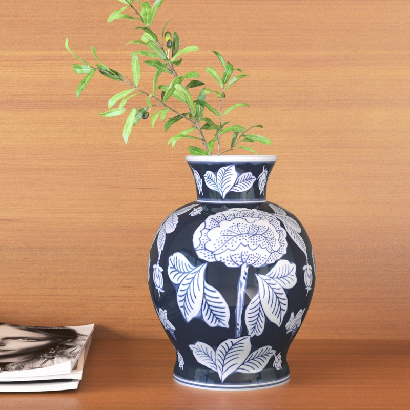 Blue and White Ceramic Vase - Contemporary 9" Floral Chinoiserie Vase for Home or Office Decor - Table Centerpiece or Decorative Accent
