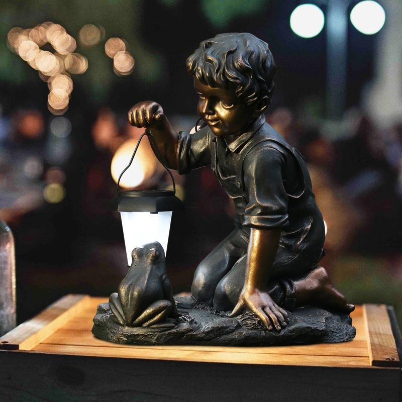 Bollen Boy and Frog / Toad Garden Statue with Solar Light