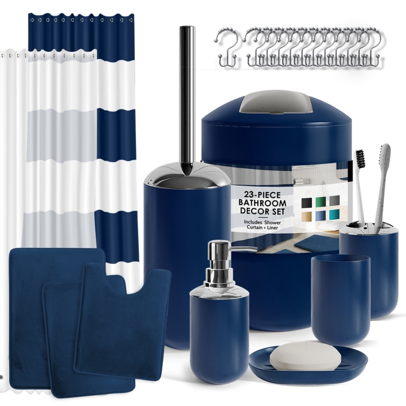 Clara Clark 23 Piece Complete Bathroom Accessory Set with Bath Rugs, Shower Curtain Set, Liner, and Hooks