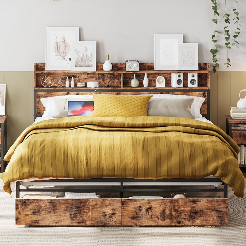 Cleisthenes Storage Bed Frame with Bookcase Headboard and Drawer