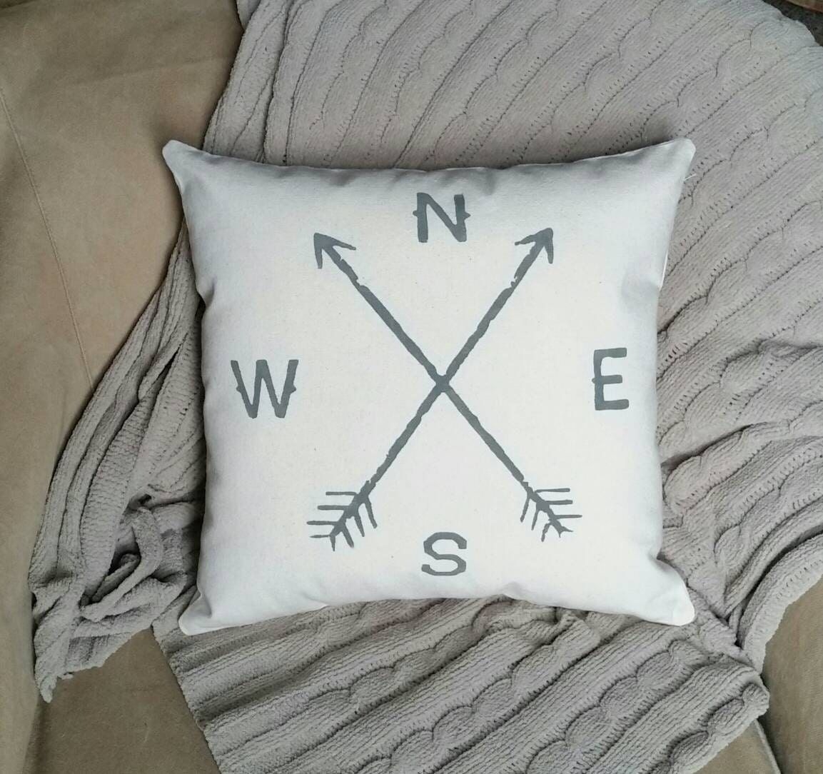Compass with arrows pillow | 14x14 inch throw pillow | Rustic decor | Nautical decor | Boho Pillow | Living room decor | family room decor