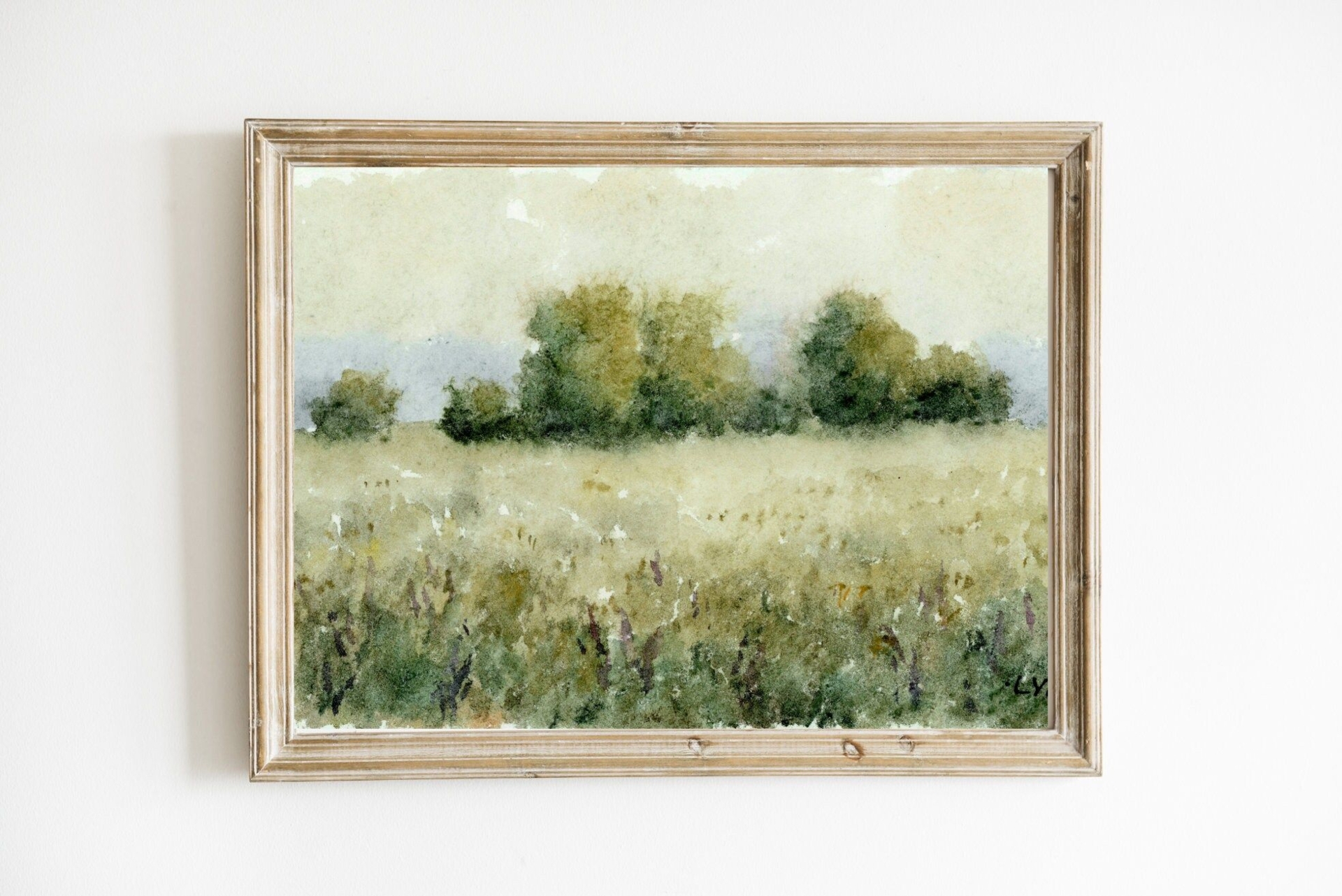 Countryside landscape art print watercolor painting flower meadow rustic home decor minimalist wall art french country art
