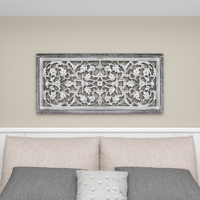 Cream Mango Wood Handmade Intricately Carved Arabesque Floral Wall Decor