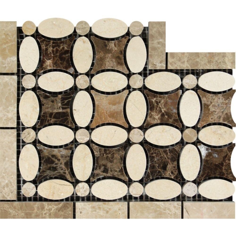 Crema Marfil Flower Border Corner with Emperador Light u0026 Emperador Dark Marble Look Wall Border