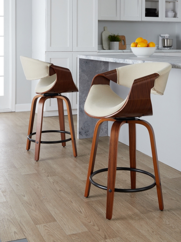 Curvini 24" Mid-Century Modern Fixed-Height Counter Stool With Swivel In Walnut Wood And Cream Fabric With Round Black Metal Footrest - Set Of 2 (Set of 2)