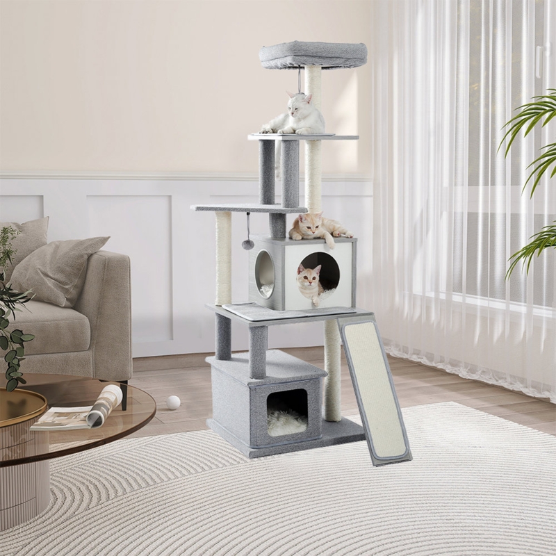 Cuttie 61.8" Wood Cat Tree, Tall Cat Tower Multi Level Modern Cat Furniture with Removable Carpet