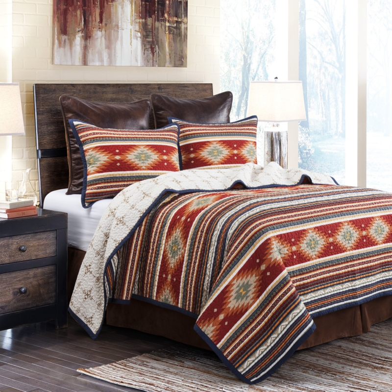 Del Sol Red/Orange/Tan Aztec Print Cotton Southwestern Style Reversible 3 Piece Quilt Set