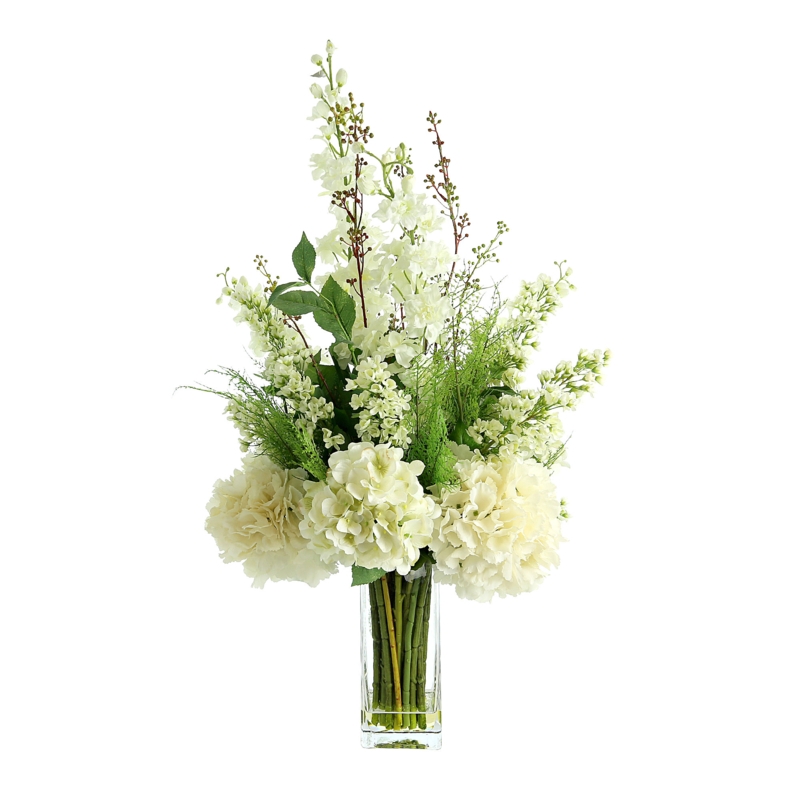 Delphinium, Hydrangea and Fern Floral Arrangement in Tall Glass Vase