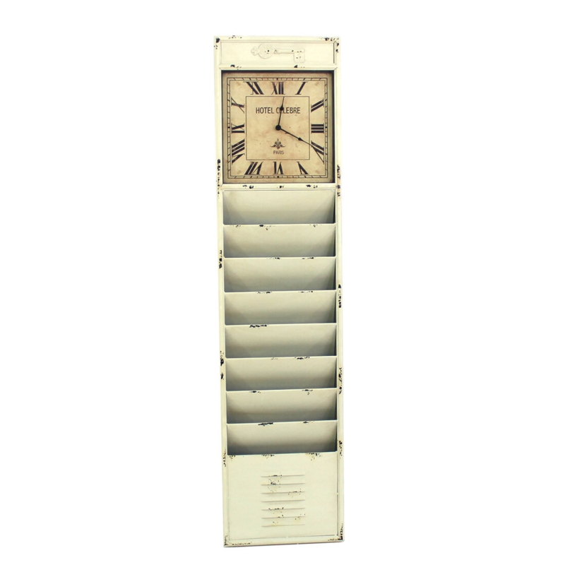 Donaway 60" Off White Vintage Look Magazine Rack With Clock