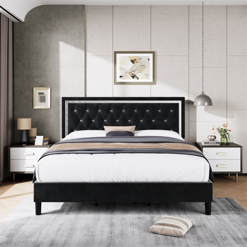Duclair Tufted Low Profile Velvet Platform Bed with Adjustable Headboard, Wood Bed Frame
