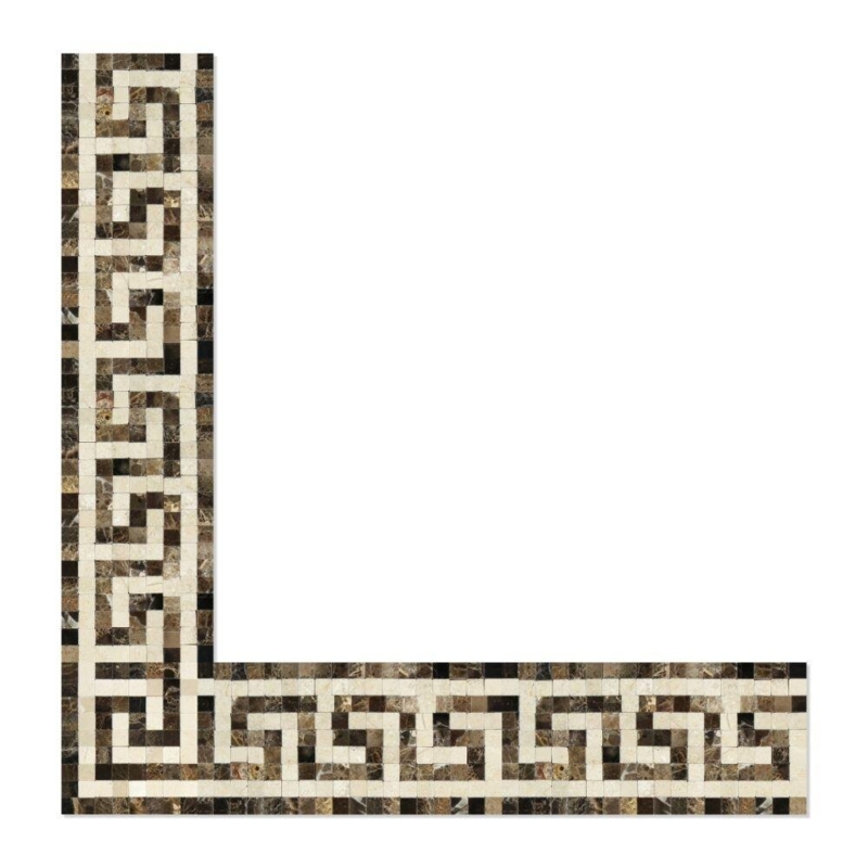 Emperador Dark Greek Key Border Corner with Crema Marfil Dots Marble Look Wall Border
