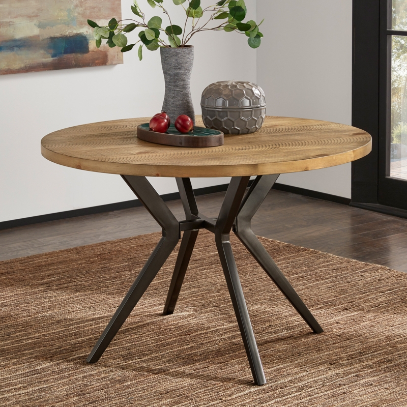 Etna Round Solid Wood Top Metal Base Dining Table