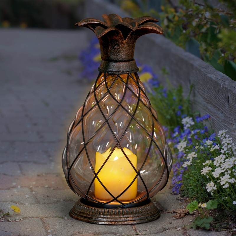 Exhart Pineapple Lantern with Battery Powered LED Candle on a Timer