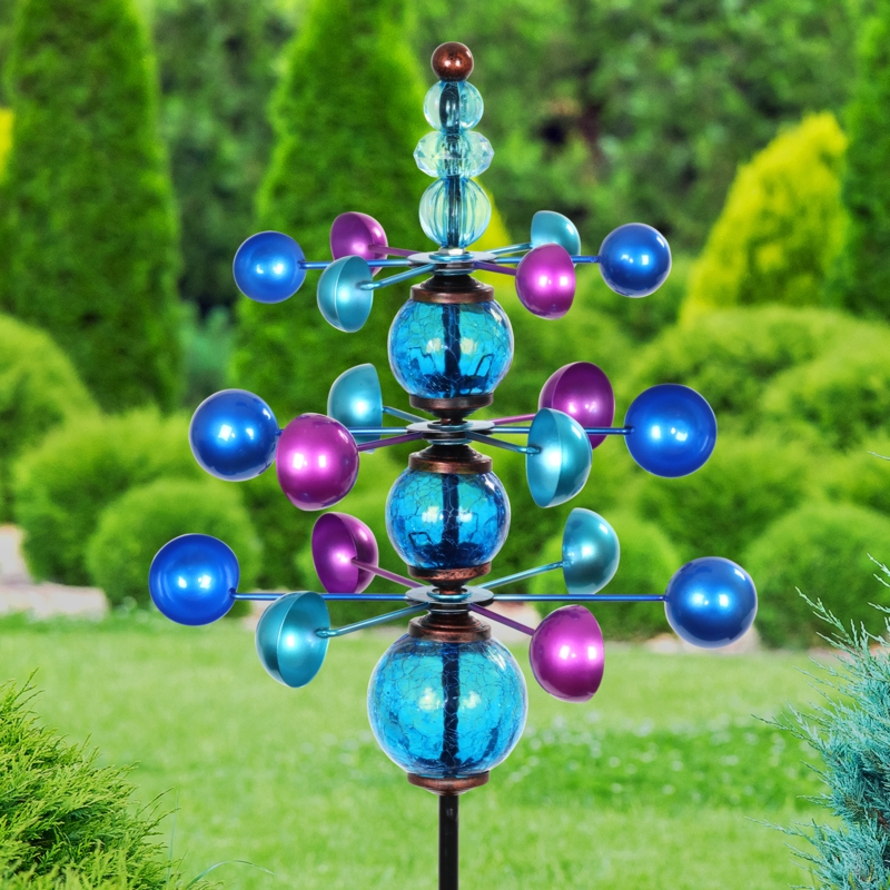 Exhart Three Tier Wind Spinner Garden Stake with Glass Crackle Balls, 14 by 48 Inches