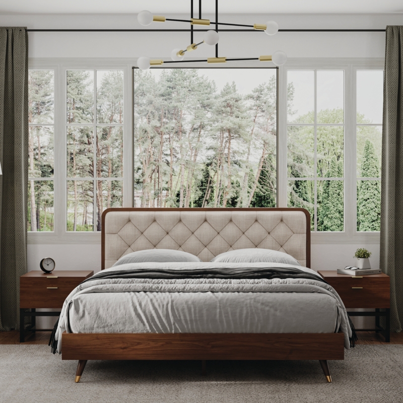 Ezra Mid Century Modern Platform Bed Frame, Tufted Headboard, Solid Wood, No Box Spring Needed