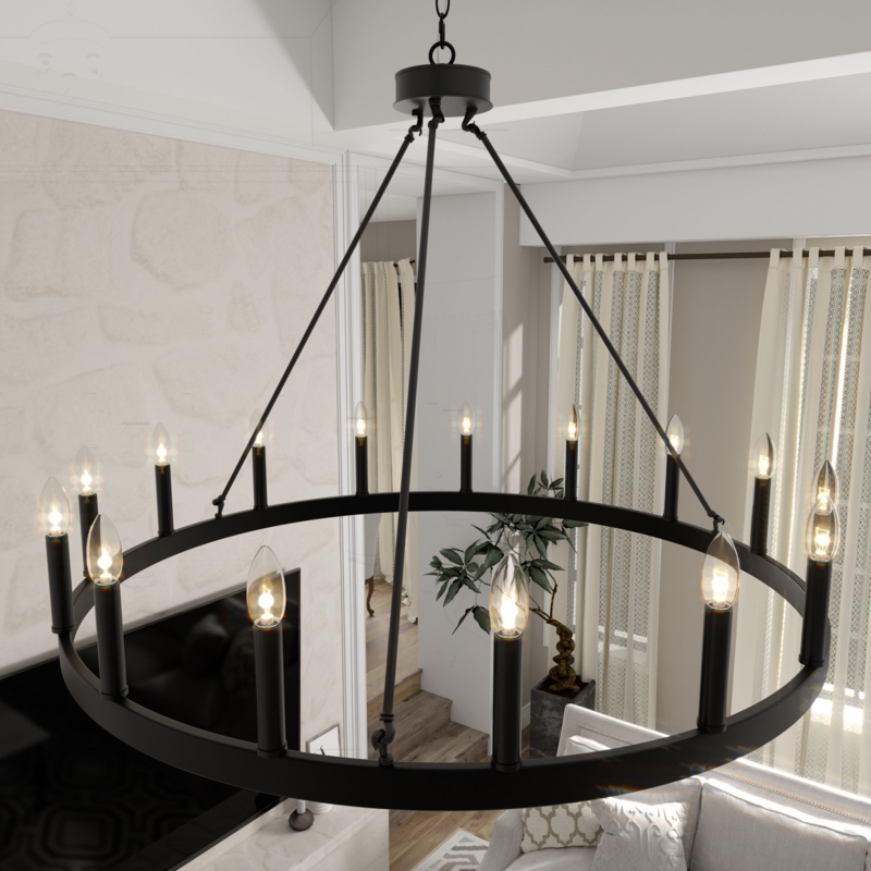 Finchley 15 - Light Living Room Steel Dimmable Wagon Wheel Chandelier UL Certified
