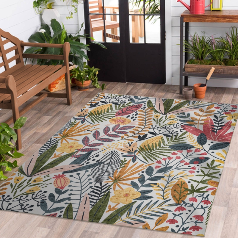  Floral Colorful Design Outdoor Rug Pink/Green/Ivory Multi