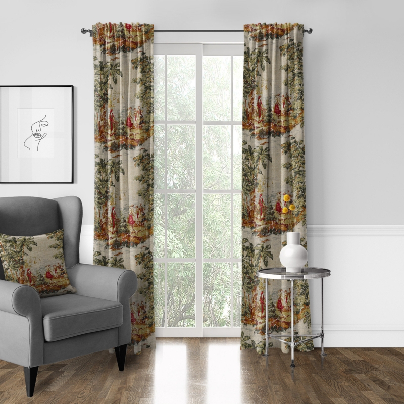 French Countryside Linen Blend Toile Room Darkening Rod Pocket Single Curtain Panel