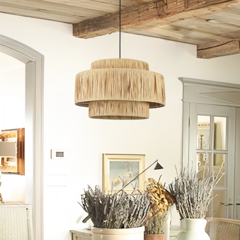 Frese 3 - Light Raffia Dimmable Lantern Chandelier