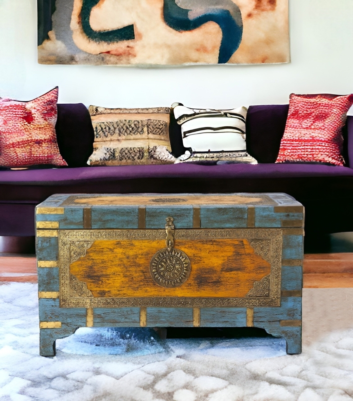 Gauri Hand Painted Brass Inlay Solid Wood Storage Trunk