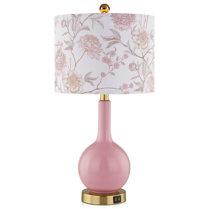 Gawronski 24 in. Pink Ceramic USB Table Lamp with Floral Lampshape and Free LED Bulb