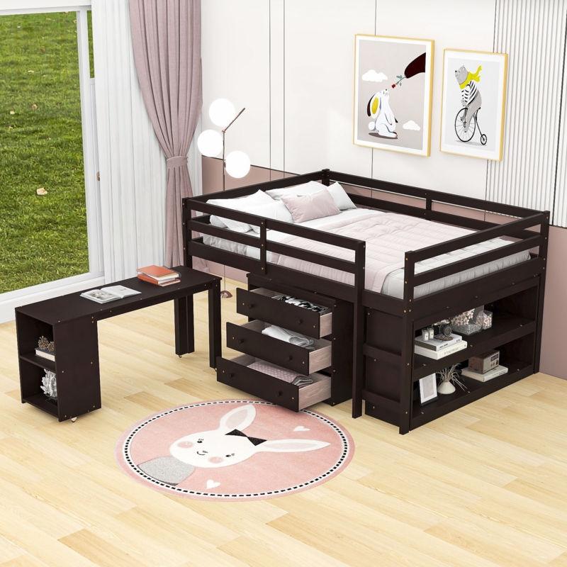Gladyce Kids Full Size 3 Drawers Wood Loft Bed with Desk and Shelves