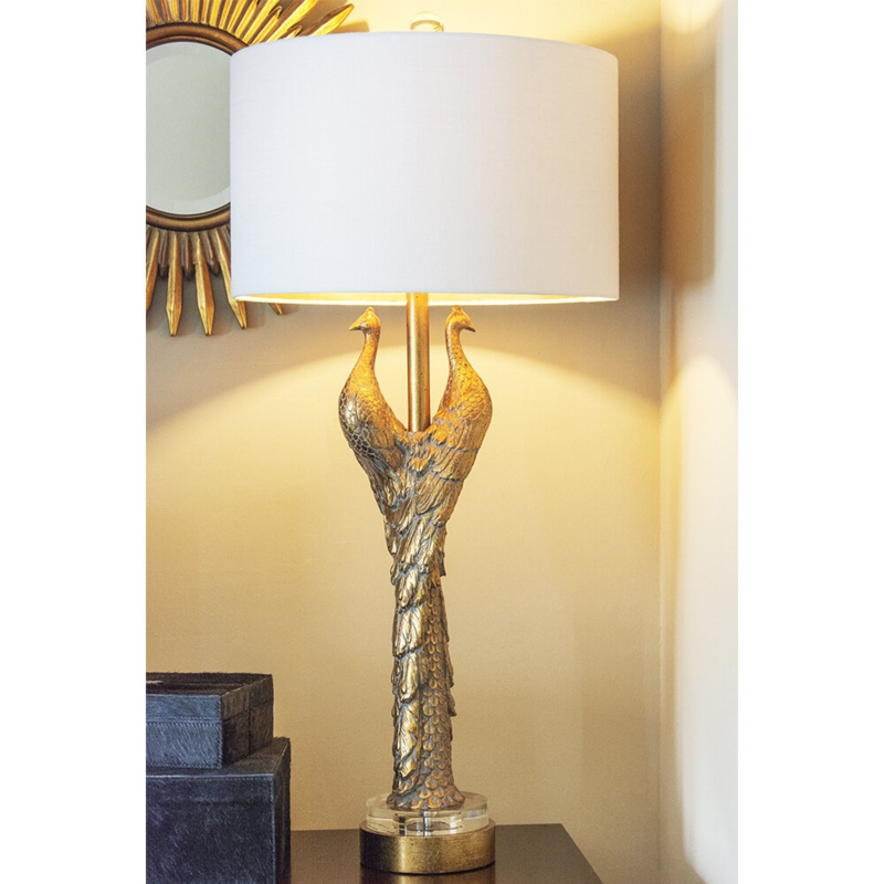 Golden Peacock 38.5" Tall Resin and Acrylic Table Lamp, Gold