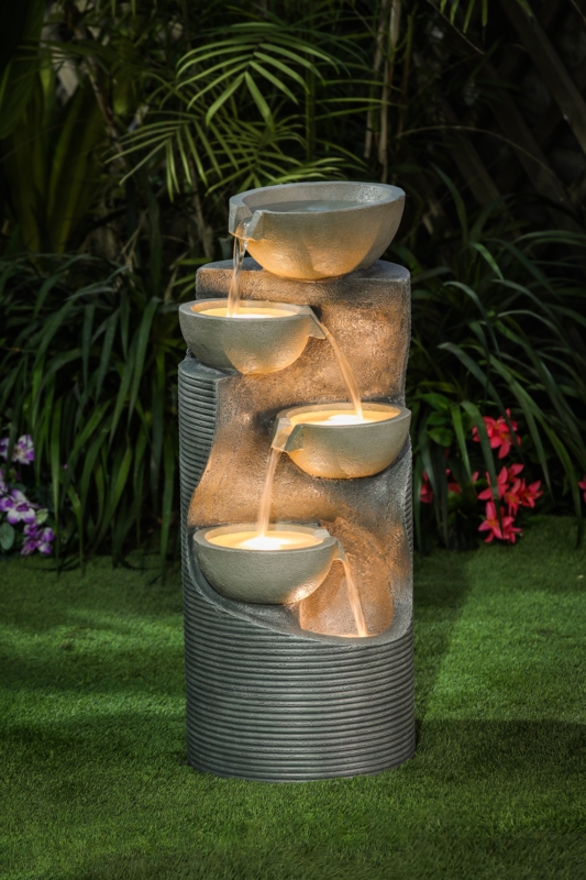 Gray Cement Modern Patio Fountain with Lights