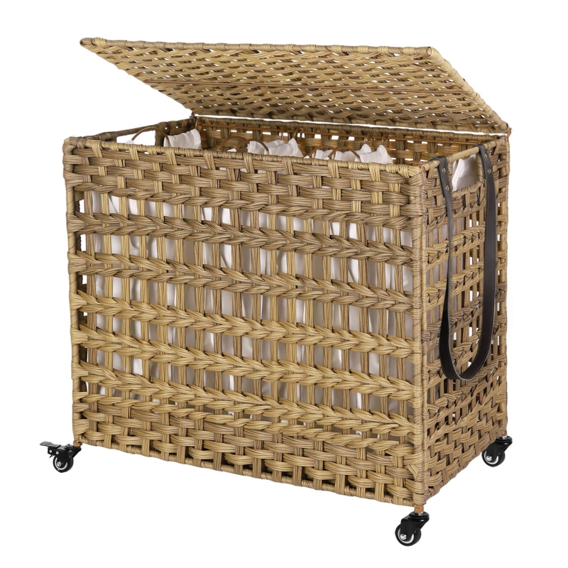 Hand Woven Rolling Laundry Sorter with Handles