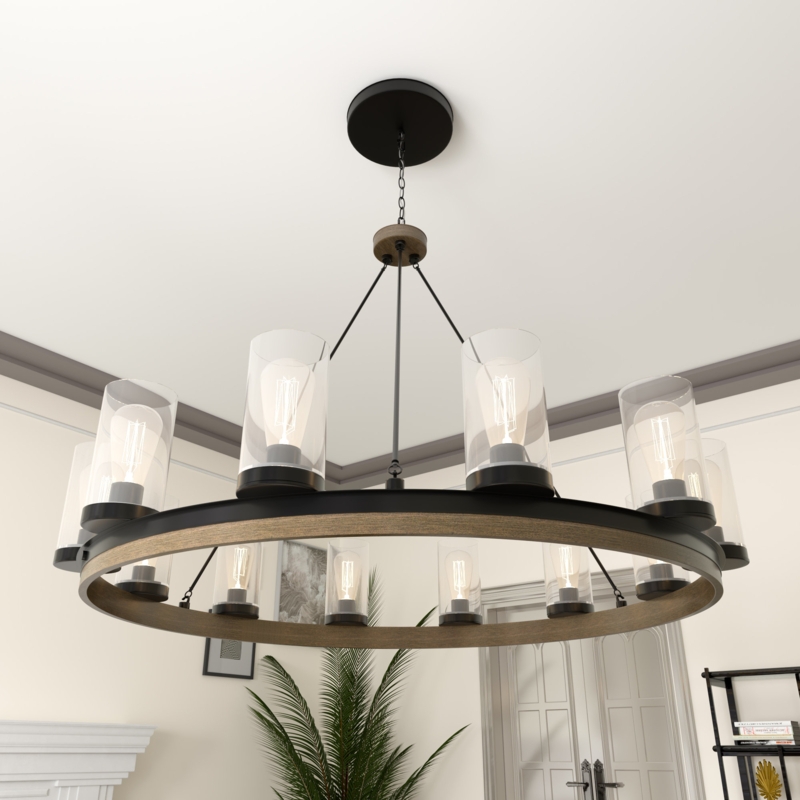 Hendon 12 - Light Wagon Wheel Dimmable Chandelier with Wood Accents