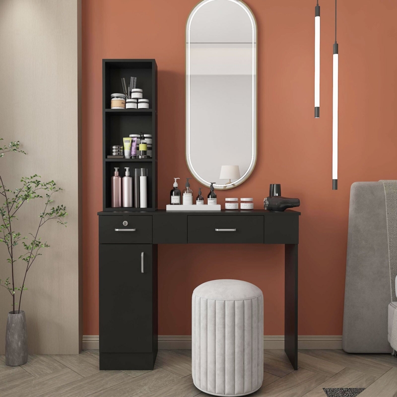 Humeston Makeup Vanity Salon Stations for Hair Stylist Locking Wall Mount Barber Station