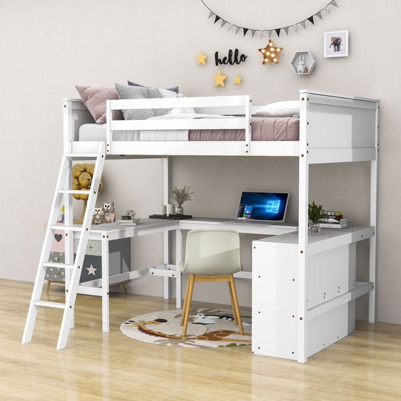 Hutchcraft Wood Loft Bed with Shelves and Built-In Desk