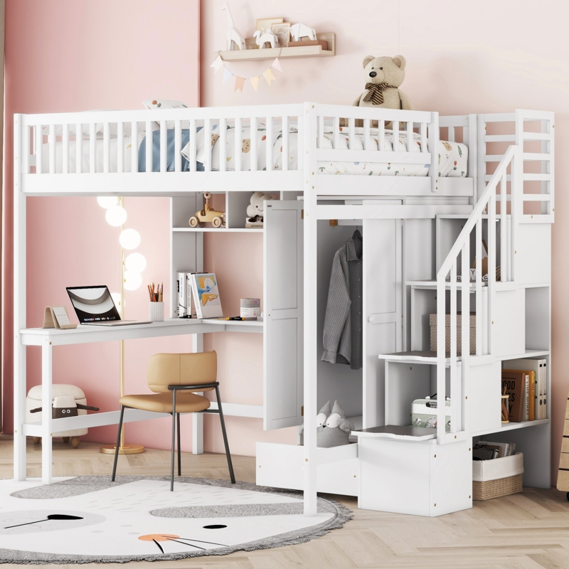 Jamess Kids Full Loft Bed with Desk and Wardrobe