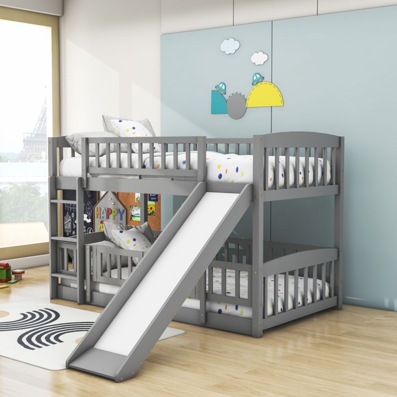 Kaylor Twin Over Twin Wood Low Bunk Bed With Slide And Ladder
