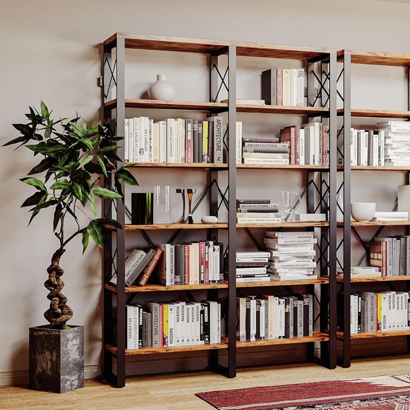 Keedie Bookshelf Double Wide 6-tier 76" H, Open Large Bookcase, Industrial Style Shelves, Wood And Metal Bookshelves For Home Office, Easy Assembly