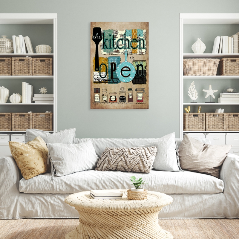 Kitchen Open Gallery Wrapped Canvas - Kitchen Illustration Decor, Blue And Dark Green Bedroom Decor