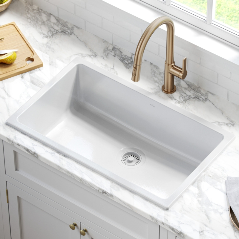 KRAUS Turino 30" L Drop-In Undermount Fireclay Single Bowl Kitchen Sink with Thick Mounting Deck in Gloss White