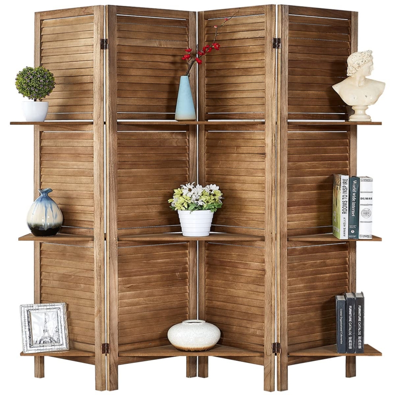 Lorrika  67" H Wood Folding Room Divider Dual-hingers Privacy Screen Freestanding Lightweight with Shelves