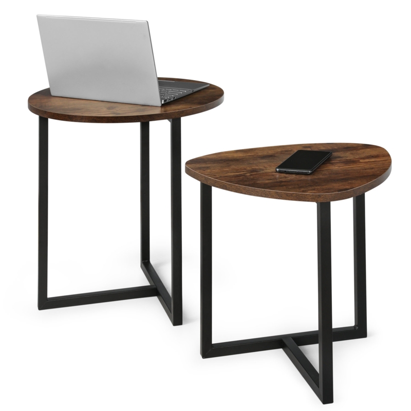 Modern 2 Piece Nesting Coffee End Table Set With Wood Grain Top Metal Legs