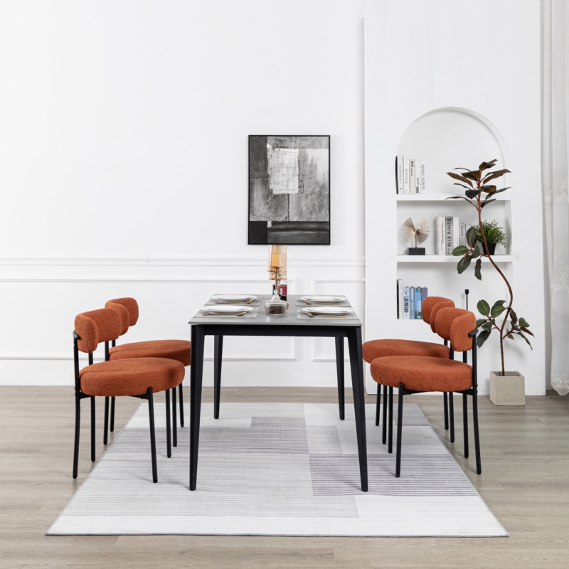 Modern Accent Chair, Upholstered Dining Chairs Set Of 4, Short Plush Fabric, Armless Dining Chair With Backrest, Sherpa Chair For Dining Room, Kitchen, Living Room, Black Metal Legs
