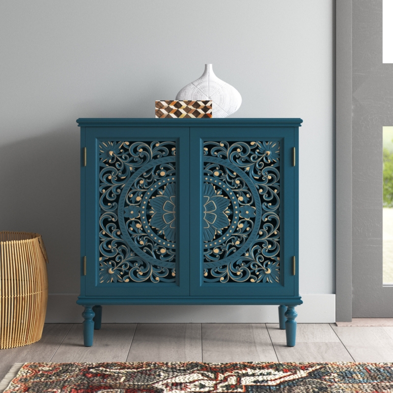 Molini 32" Tall 2-Door Openwork Carving Accent Cabinet with Solid Wood Legs