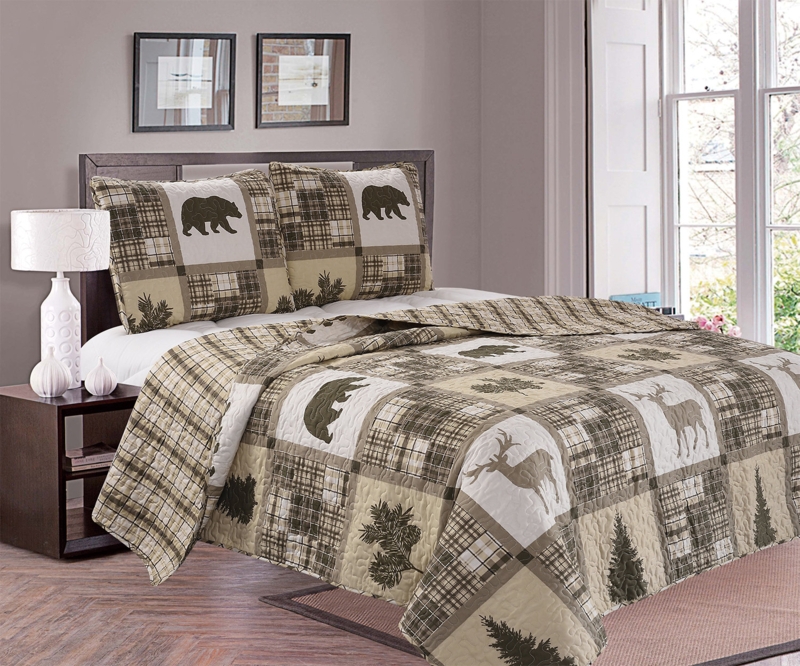 Nature & Plaid Patchwork Microfiber Reversible Quilt Set With Shams