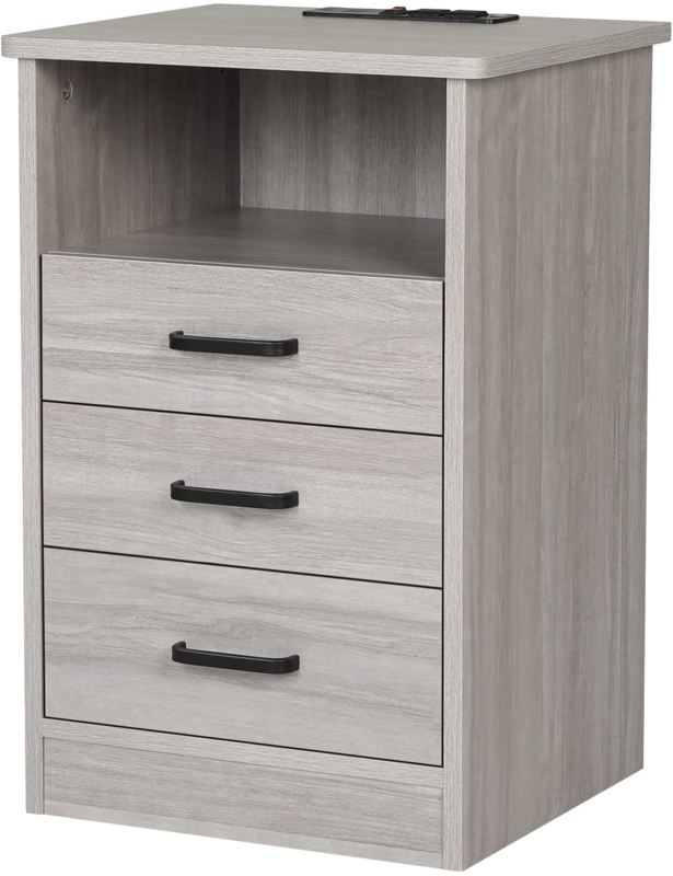 Nightstand 3 Drawers With Open Storage Bedroom Furniture End Table Side Table Wooden Sofa Side Stand Cabinet,with Sliding Drawer (grey)