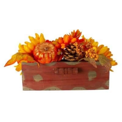 Northlight 8 in. Autumn Harvest Maple Leaf and Berry Arrangement in Rustic Wooden Box Centerpiece