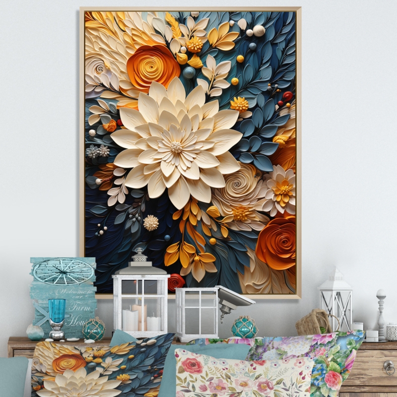 " Orange Teal Botanical Whirlwind IV " on Canvas