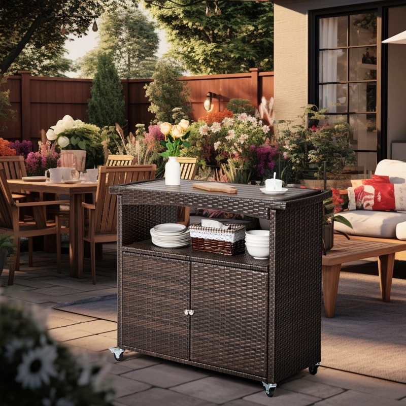 Outdoor Patio Wicker Buffet u0026 Console Table With Rolling Wheels u0026 Handle